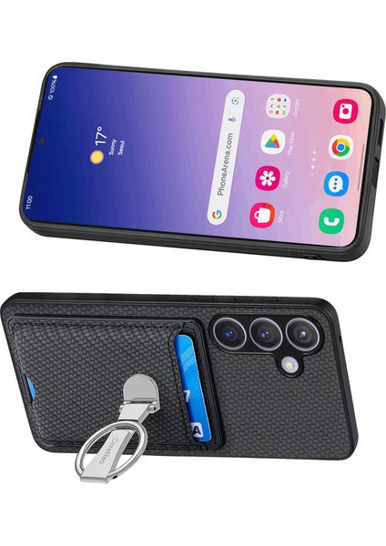 C1-9 Samsung Galaxy S24+KILIF Karbon Fiber Doku Kart Tutucu Telefon Kapağı Katlanır Kickstand-Siyah (Yurt Dışından)