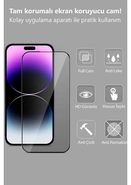 iPhone 15 Pro Max Uyumlu Tam Kaplayan Siyah Çerçeveli Magic Ekran Koruyucu Cam Kolay Uygulama Aparatlı modelleri