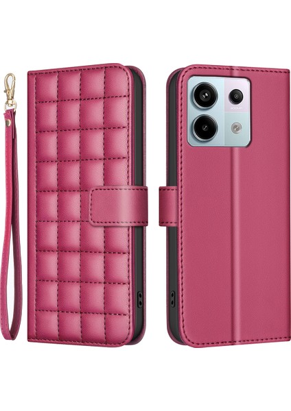 Bınfen Renk Xiaomi Poco X6 5g Deri Kılıf Cüzdan Kare Izgara-Kırmızı (Yurt Dışından)