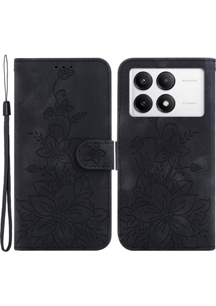 Xiaomi Poco F6 Pro 5g Kılıf Zambak Çiçeği Pu Deri Standlı Telefon Kapağı-Siyah (Yurt Dışından)