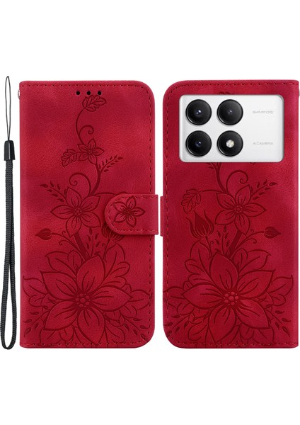 Xiaomi Poco F6 Pro 5g Kılıf Zambak Çiçeği Pu Deri Standlı Telefon Kapağı-Kırmızı (Yurt Dışından)