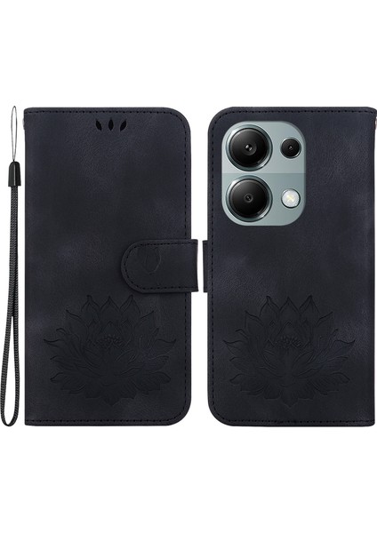Xiaomi Redmi Note 13 Pro 4g Kılıf Kart Yuvalı Lotus Desenli Deri Telefon Kılıfı-Siyah (Yurt Dışından)