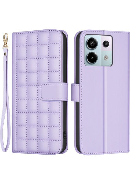 Bınfen Renk Xiaomi Poco X6 5g Deri Kılıf Cüzdan Kare Izgara-Açık Mor (Yurt Dışından)