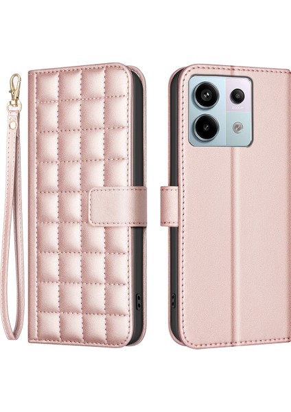 Bınfen Renk Xiaomi Poco X6 5g Deri Kılıf Cüzdan Kare Izgara-Gül Altın (Yurt Dışından)