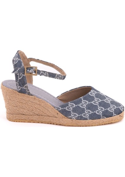 Gerçek Elişi Topuğu Açık Bilekten Bantlı Dolgu Topuk Keten Hasır Espadril Handmade