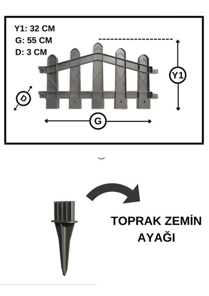 Dekoratif Plastik Bahçe ve Peyzaj Çiti 8 ADET ÇİT (Y: 32 CM / G: 4.4 M) TOPRAK AYAKLI