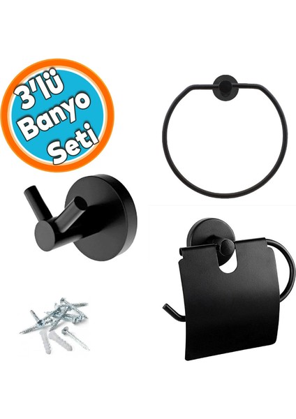 Metal Sağlam Aparat Vidalı Lavabo Banyo Wc Bez Havlu Çatal Askı Siyah Tuvalet Kağıtlık 3'lü Set