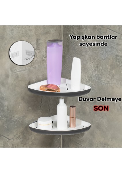 0447 2'li Istiridye Banyo Köşe Rafı - Yapışkanlı Duş Rafı Banyo Düzenleyici Organizer - Antrasit