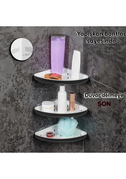 0447 3'lü Istiridye Banyo Köşe Rafı - Yapışkanlı Duş Rafı Banyo Düzenleyici Organizer - Siyah