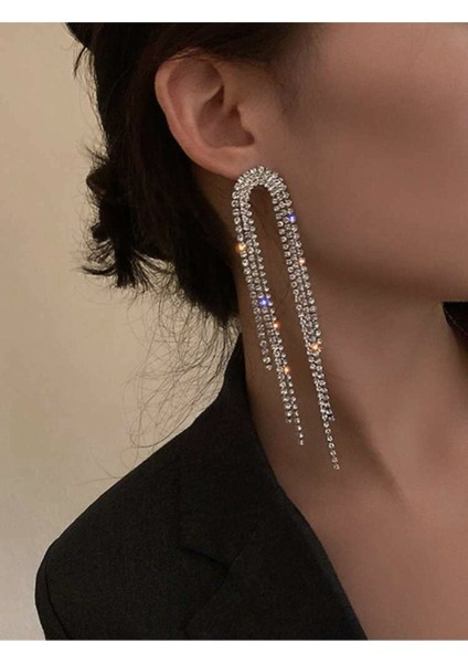 Taşlı Püsküllü Sallantılı Abiye Küpe