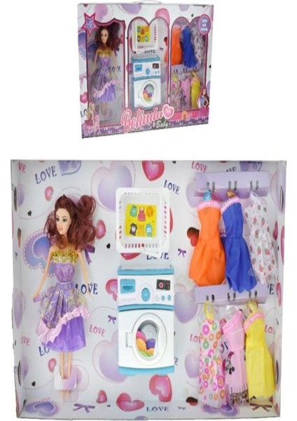 Kembay Oyuncak Kutulu Çamaşır Makinası ve Sepetli Yedek Elbiseli Belinda Bebek