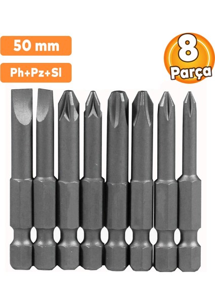 Matkap Ucu Uçları 50 mm Yıldız Düz Bits Vidalama Uç Seti Ph+Pz+Sl 8 Parça