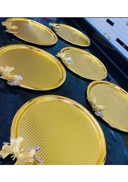 Gold Kaplama 6 Li Yuvarlak Sunum Tepsisi Kelebek Aksesuarlı Lux Sunum