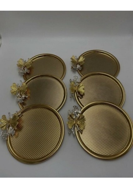 Gold Kaplama 6 Li Yuvarlak Sunum Tepsisi Kelebek Aksesuarlı Lux Sunum fiyatları
