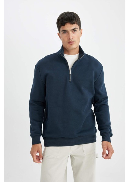 Lacivert Comfort Regular Fit Rahat Kalıp Dik Yaka Fermuarlı Kalın Basic Düz Sweatshirt X7405AZ24AU