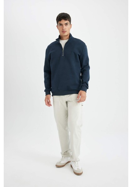 Lacivert Comfort Regular Fit Rahat Kalıp Dik Yaka Fermuarlı Kalın Basic Düz Sweatshirt X7405AZ24AU