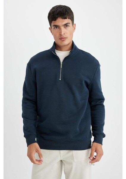 Lacivert Comfort Regular Fit Rahat Kalıp Dik Yaka Fermuarlı Kalın Basic Düz Sweatshirt X7405AZ24AU