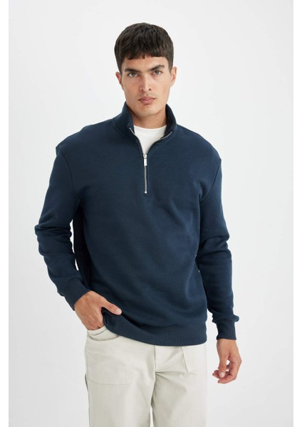 Lacivert Comfort Regular Fit Rahat Kalıp Dik Yaka Fermuarlı Kalın Basic Düz Sweatshirt X7405AZ24AU