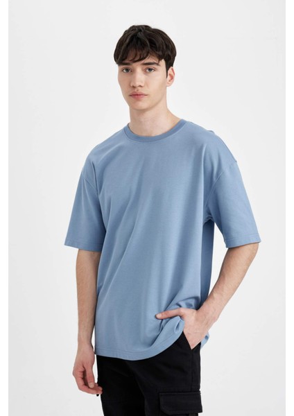 Oversize Geniş Kalıp Bisiklet Yaka Kısa Kollu Basic Düz Ağır Kumaş Tişört X3926AZ24AU