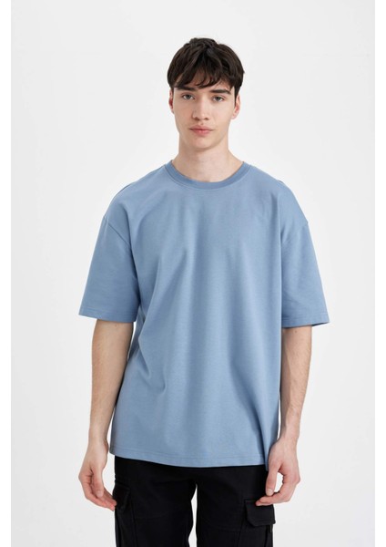 Oversize Geniş Kalıp Bisiklet Yaka Kısa Kollu Basic Düz Ağır Kumaş Tişört X3926AZ24AU modelleri