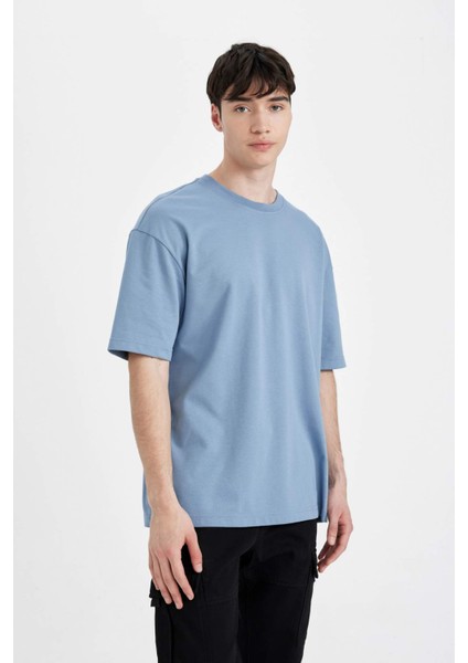 Oversize Geniş Kalıp Bisiklet Yaka Kısa Kollu Basic Düz Ağır Kumaş Tişört X3926AZ24AU fırsatları