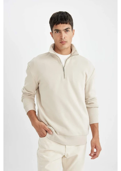 Comfort Regular Fit Rahat Kalıp Dik Yaka Fermuarlı Kalın Basic Düz Sweatshirt X7405AZ24AU