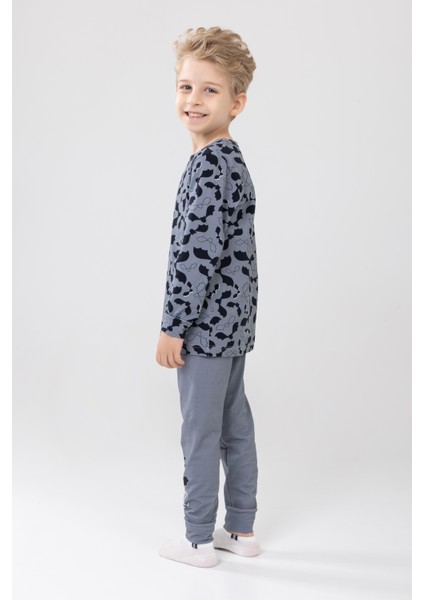 Erkek Çocuk Pamuklu Baskılı Bisiklet Yaka Uzun Kollu Manşetli Pijama Takımı 9605-1 Gri