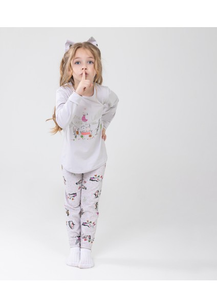 Kız Çocuk Pamuklu Baskılı Bisiklet Yaka Uzun Kollu Manşetli Pijama Takımı 9234 Krem modelleri
