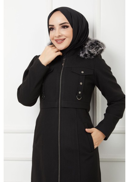 Kadın Kışlık Uzun Tam Boy Fermuarlı Kapşonu Kürklü Kaşe Pardesü Mont Kaban