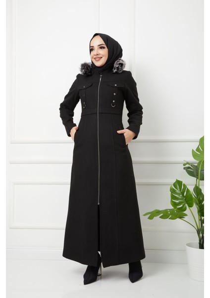 Kadın Kışlık Uzun Tam Boy Fermuarlı Kapşonu Kürklü Kaşe Pardesü Mont Kaban fiyatları