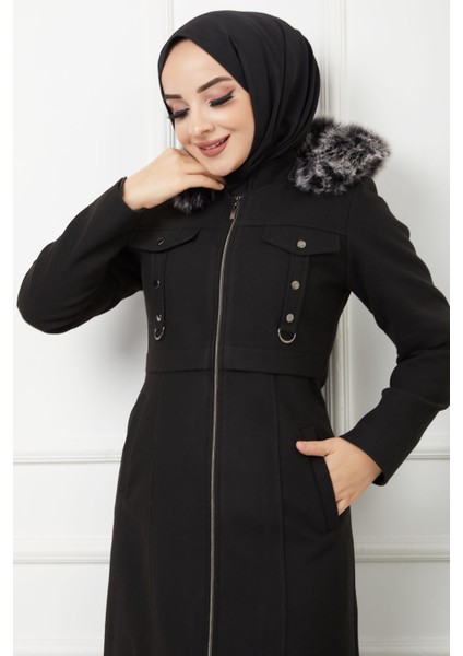 Kadın Kışlık Uzun Tam Boy Fermuarlı Kapşonu Kürklü Kaşe Pardesü Mont Kaban modelleri