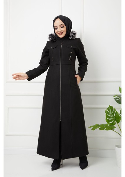 Kadın Kışlık Uzun Tam Boy Fermuarlı Kapşonu Kürklü Kaşe Pardesü Mont Kaban fırsatları