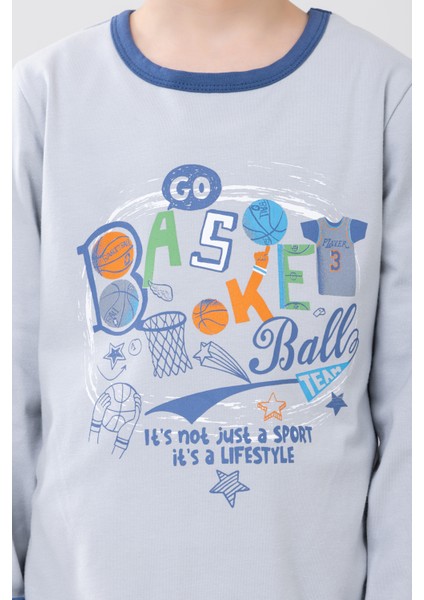 Erkek Çocuk Pamuklu Baskılı Bisiklet Yaka Uzun Kollu Manşetli Pijama Takımı 9606-1 Gri