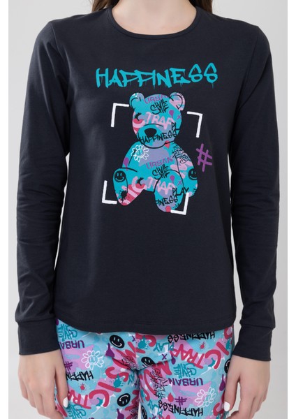 Kız Çocuk Pamuklu Baskılı Bisiklet Yaka Uzun Kollu Manşetli Pijama Takımı 9236 Antrasıt fiyatları