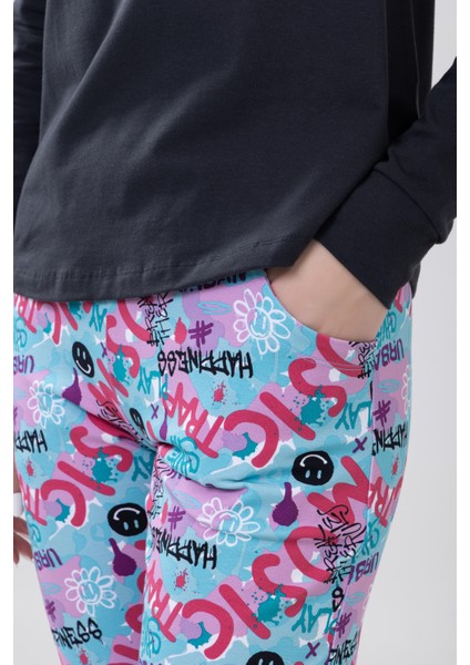 Kız Çocuk Pamuklu Baskılı Bisiklet Yaka Uzun Kollu Manşetli Pijama Takımı 9236 Antrasıt modelleri