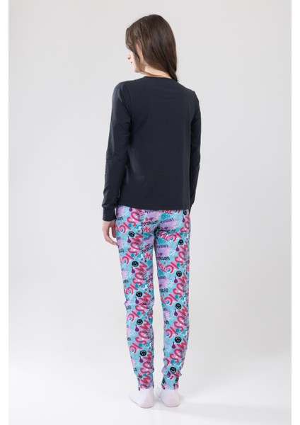 Kız Çocuk Pamuklu Baskılı Bisiklet Yaka Uzun Kollu Manşetli Pijama Takımı 9236 Antrasıt fırsatları