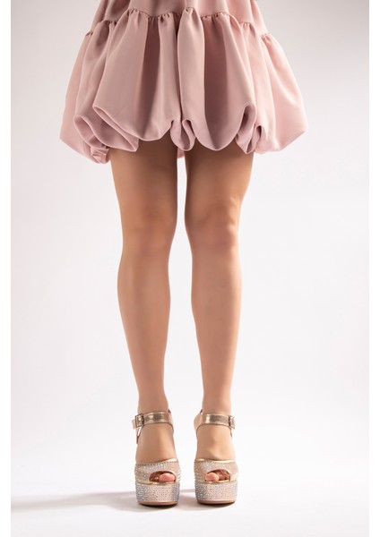 Snow Kadın Abiye Platform Topuklu Ayakkabı Gold Taşlı fırsatları