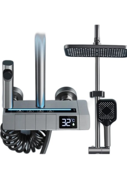 Piyano Tuşlu Duş Seti Dijital LED Göstergeli ve LED Işıklı Banyo Batarya Robot Duş Seti