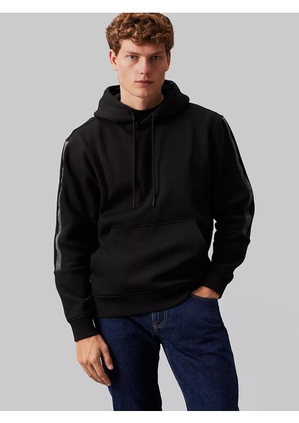 Erkek Logo Tape Hoodıe Sweatshirt-Siyah