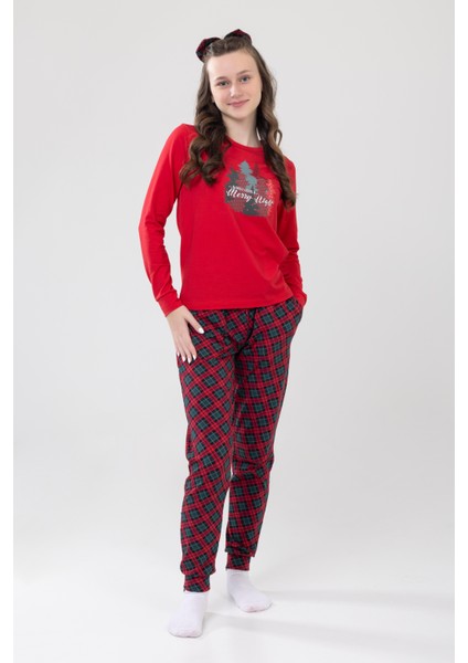 Unisex Çocuk Uzun Kollu Pijama Takımı 9505 Kırmızı fırsatları