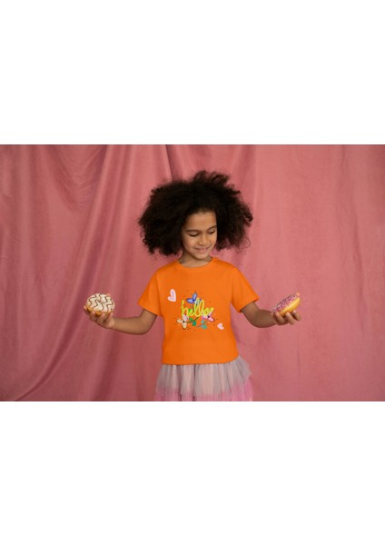 Kız Çocuk Pamuk Hello Çiçek Baskılı Kısa Kol Tshirt