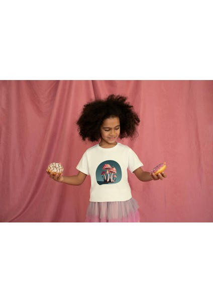Kız Çocuk Pamuk Küçük Mantar Baskılı Kısa Kol Tshirt