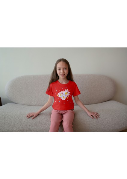 Kız Çocuk Pamuk Hello Papatya Baskılı Kısa Kol Tshirt