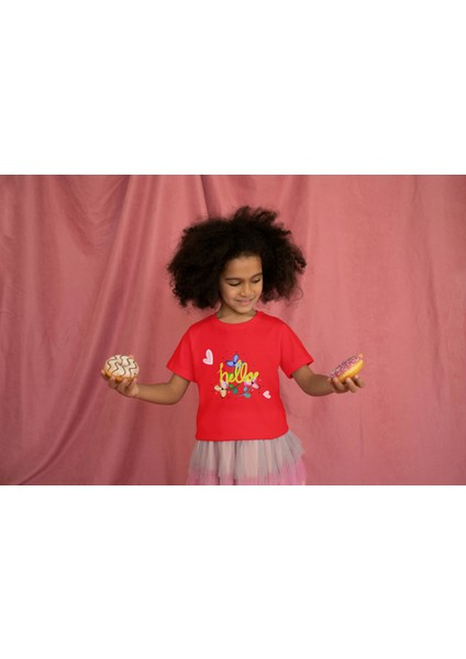 Kız Çocuk Pamuk Hello Çiçek Baskılı Kısa Kol Tshirt