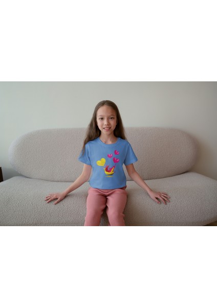Kız Çocuk Pamuk Kalp Sweat Baskılı Kısa Kol Tshirt