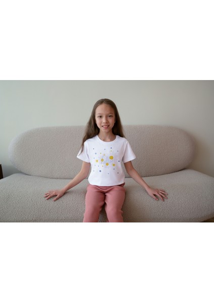 Kız Çocuk Pamuk Hello Papatya Baskılı Kısa Kol Tshirt