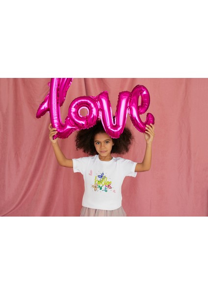 Kız Çocuk Pamuk Hello Çiçek Baskılı Kısa Kol Tshirt