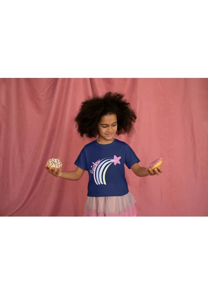 Kız Çocuk Pamuk Rainbow Baskılı Kısa Kol Tshirt