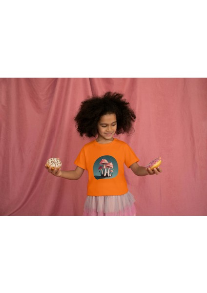 Kız Çocuk Pamuk Küçük Mantar Baskılı Kısa Kol Tshirt