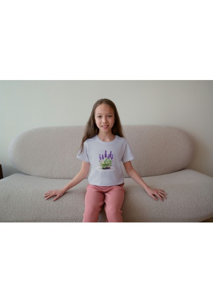 Kız Çocuk Pamuk Lavanta Baskılı Kısa Kol Tshirt modelleri
